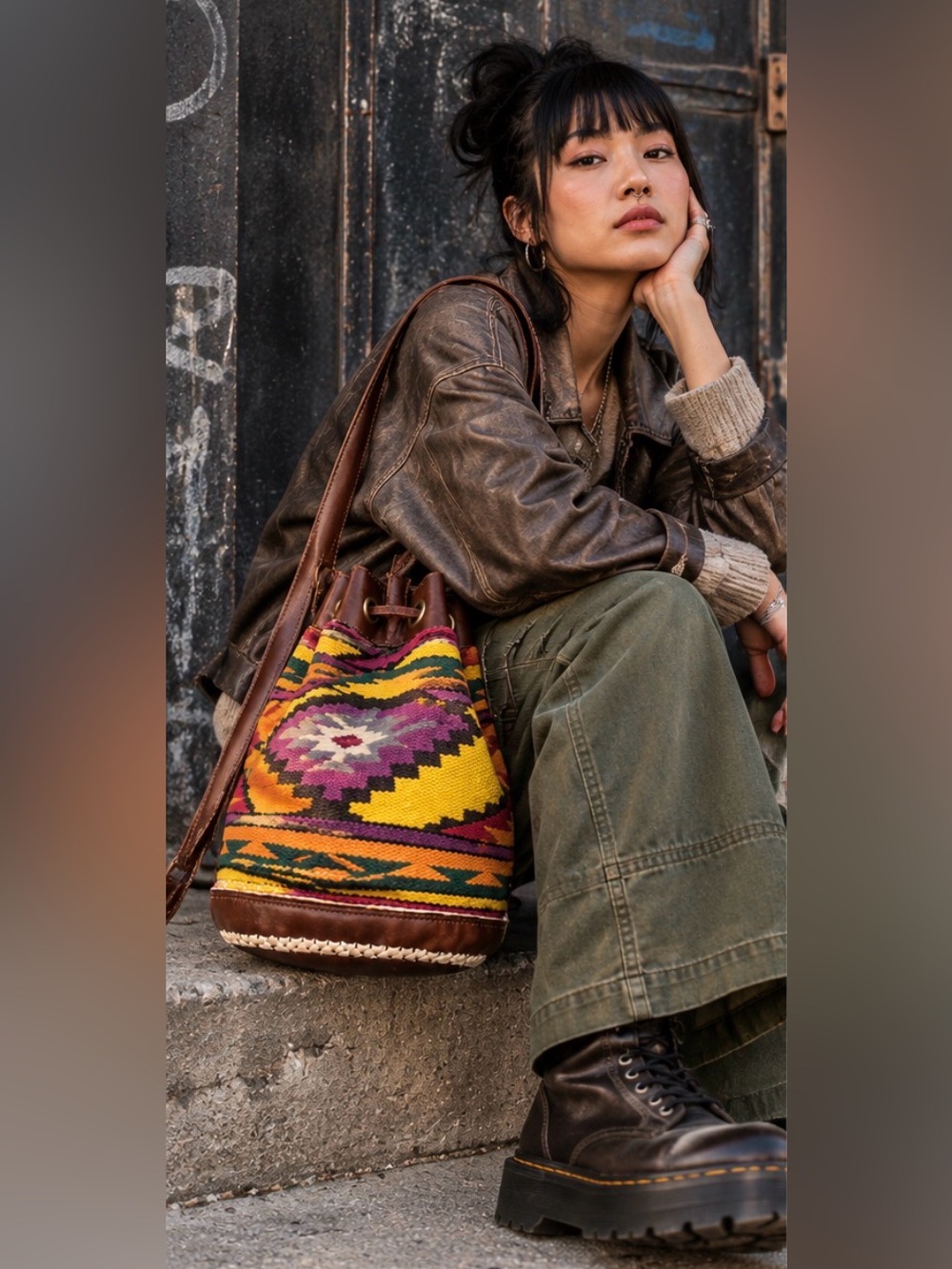 Vintage Kilim Leather Bucket Bag Southwestern Boho Woven Shoulder Handbag